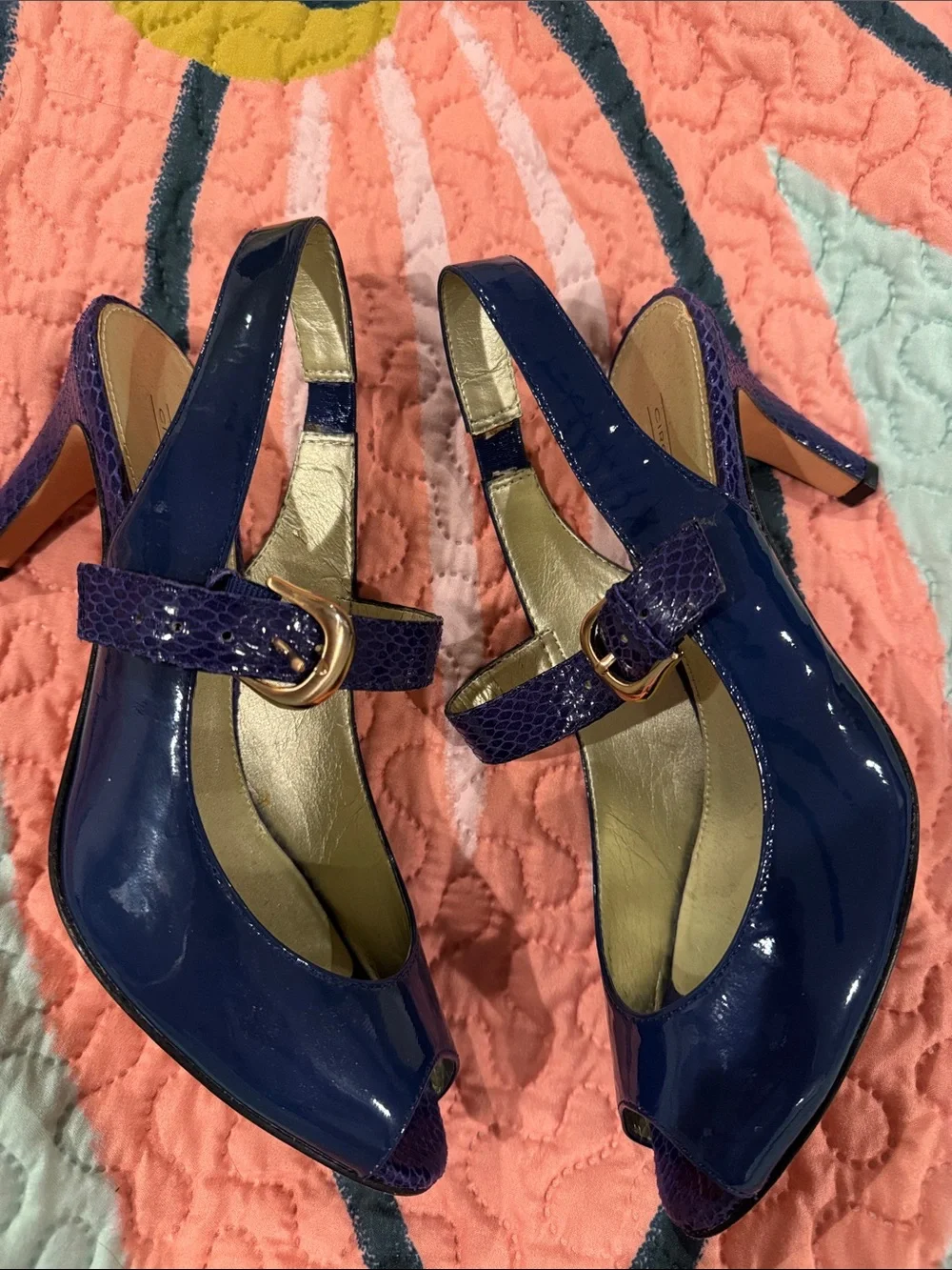 Joan & David Navy Patent Peep-Toe Slingbacks with Gold Buckles